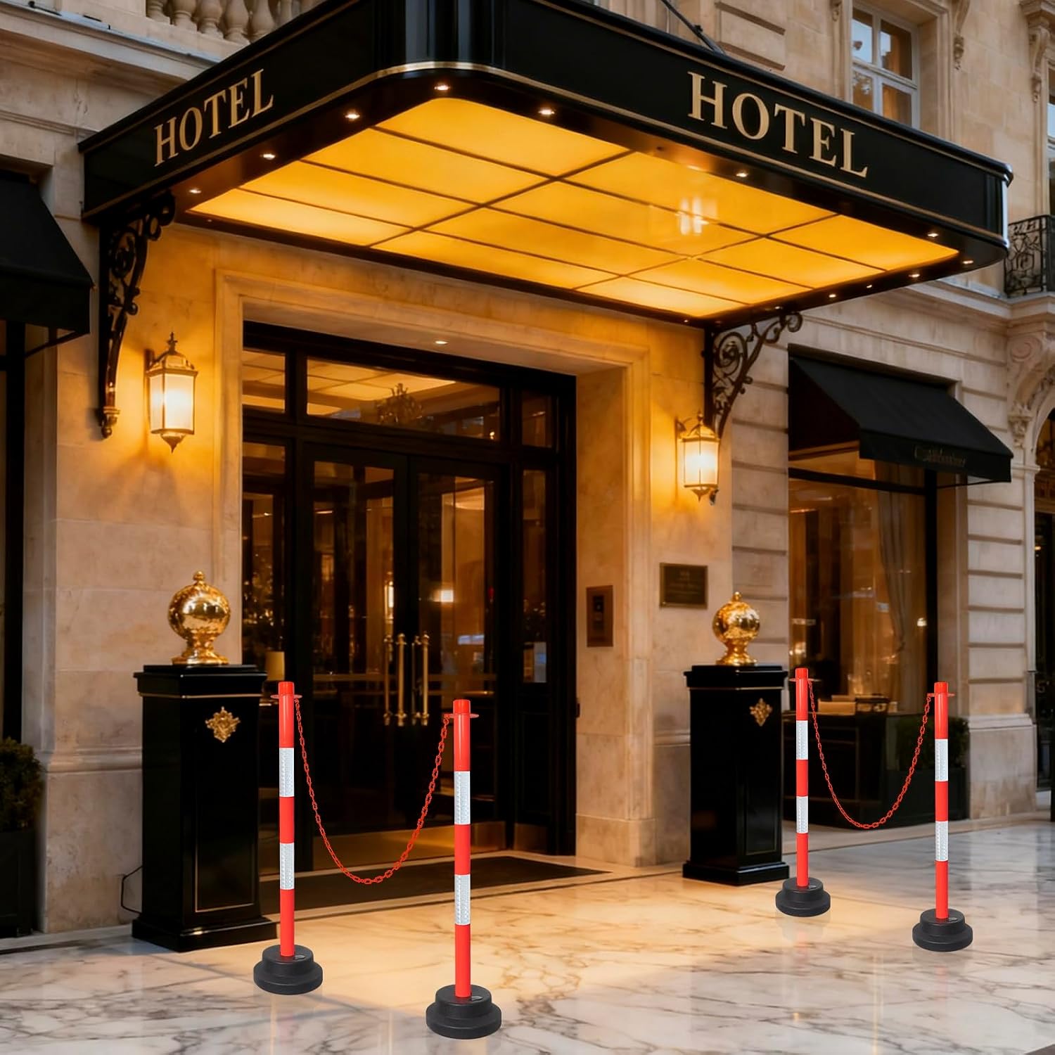 Traffic Delineator Posts with Weighted Base & Reflective Collar, 35'' Red Safety Stanchions Cones with 5FT Plastic S