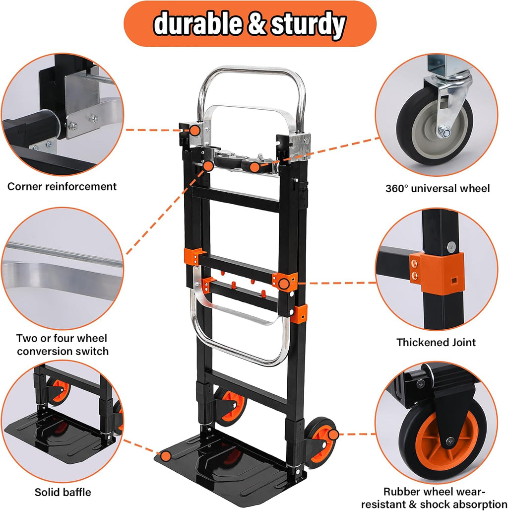 Upgraded 3 in 1 Folding Hand Truck, 500lbs Capacity Heavy Duty Convertible Dolly cart with Rubber Wheels, Collapsible