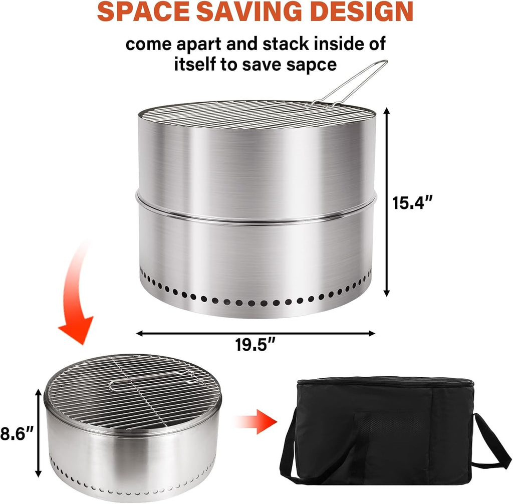 19.6 Inch Smokeless Firepit with Grill, Portable Wood Burning Fire Pit for Camping & Backyard, Stainless Steel