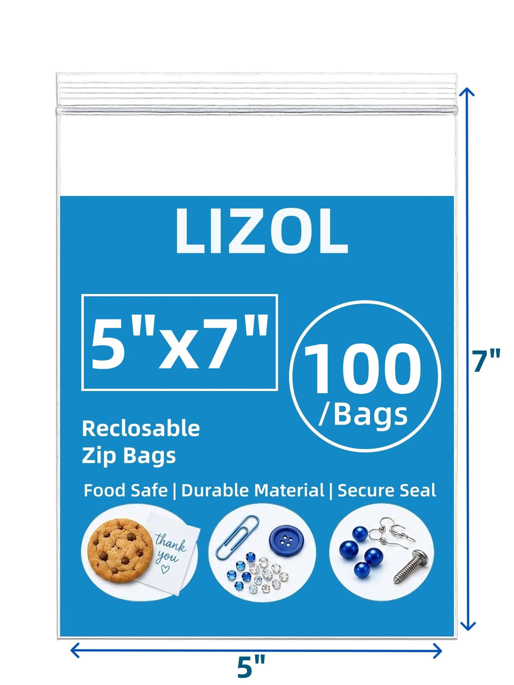 5x7 in (100 Count) 2.5 mil Clear Reclosable Zip Plastic Poly Bags