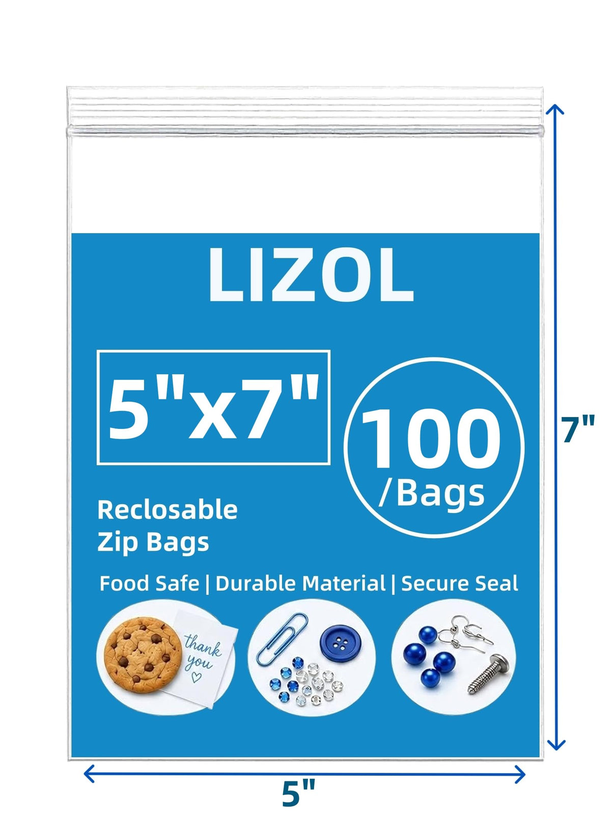 5x7 in (100 Count) 2.5 mil Clear Reclosable Zip Plastic Poly Bags