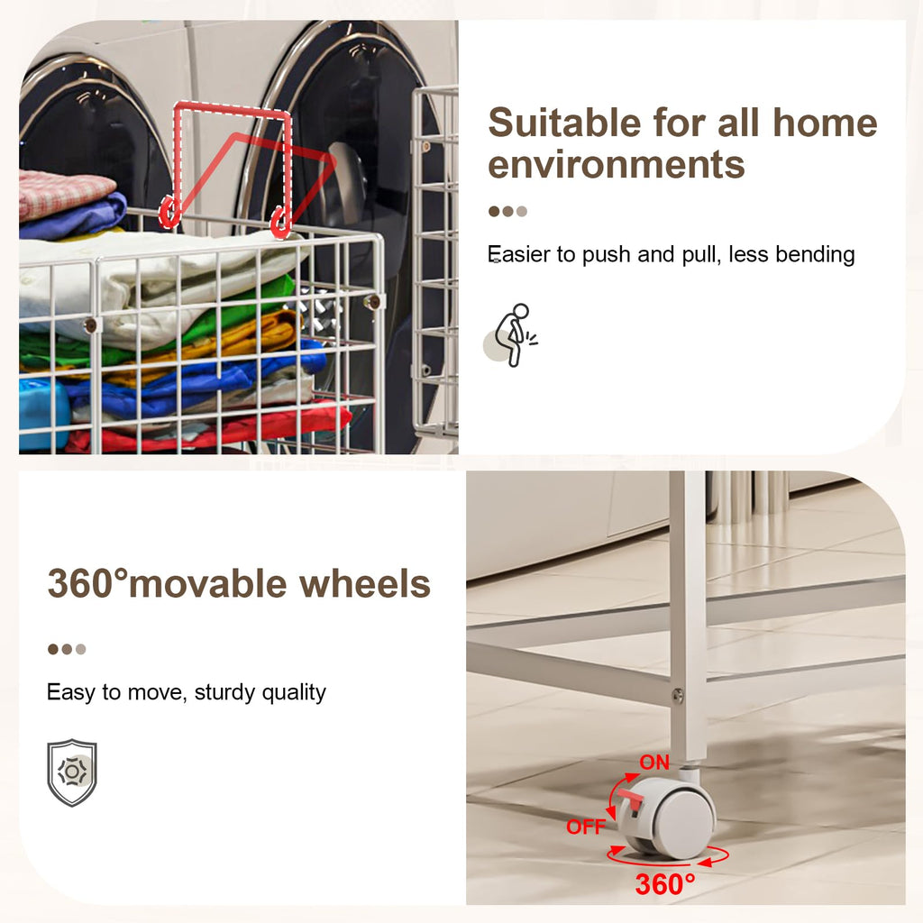 Laundry Basket with Wheels,80L Wire Rolling Laundry Basket with Pull Handle,White High Laundry Cart for Laundry