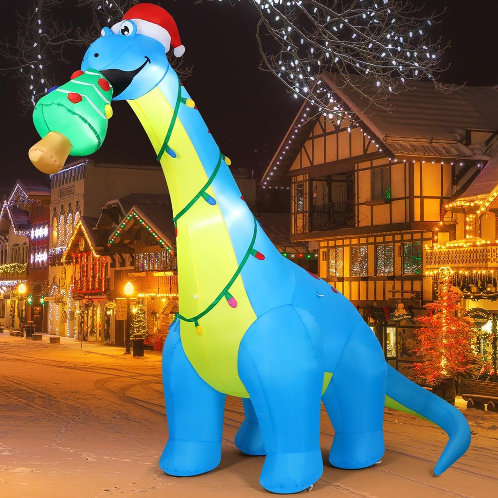 10FT Christmas Inflatables Dinosaur with Christmas Tree Yard Decor | Built-in LEDs and dinosaur with Christmas tree