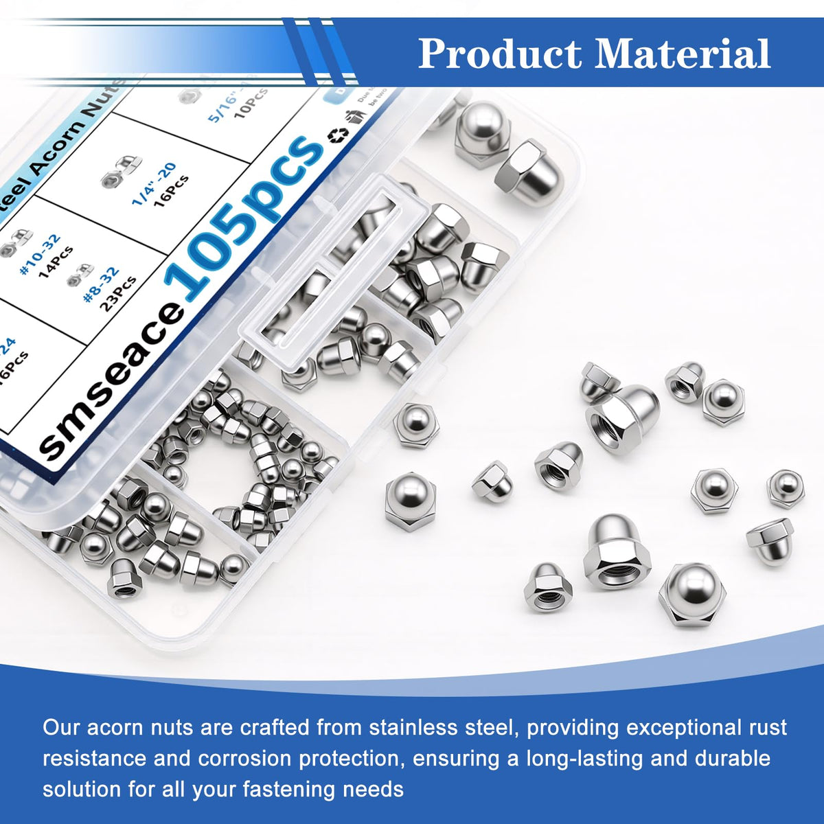 105Pcs 304 Stainless Steel SAE Acorn Nuts Assortment Kit