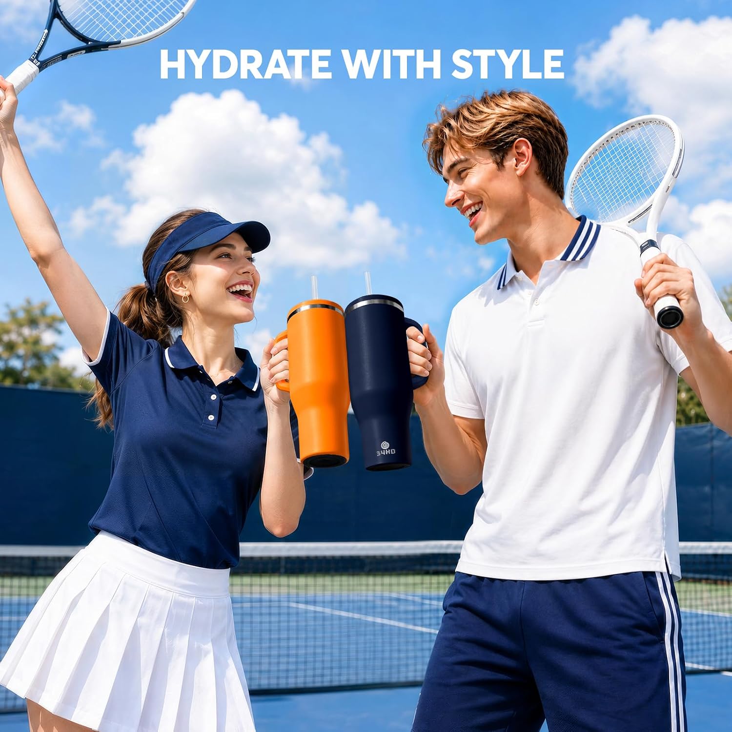 Navy 40oz Insulated Tumbler with Handle and Reusable Hidden Straw | Triple-wall Vacuum Insulated Stainless Steel for