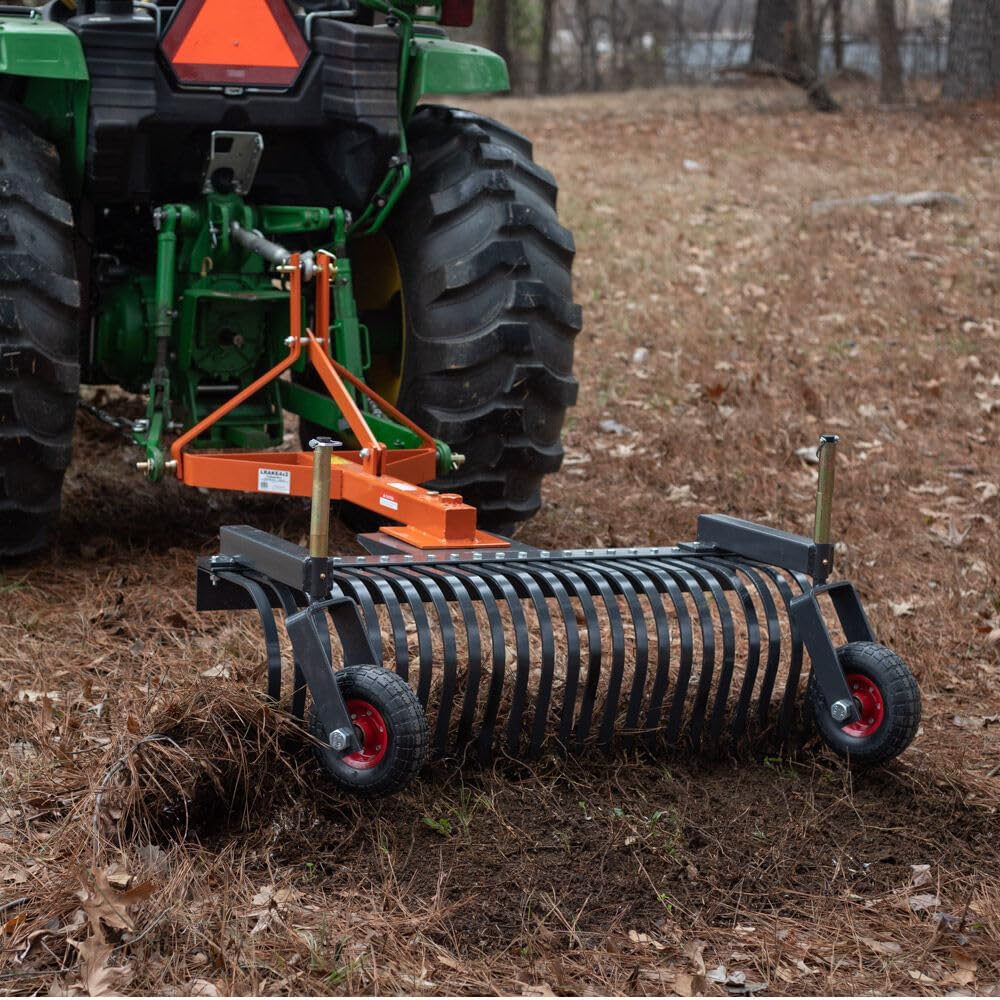 3 Point 6 FT Landscape Rake with Bolt-On Wheels for Compact Tractors, Fits Category 1 Hookup, Tow-Behind Garden Tool