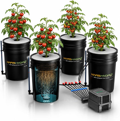 DWC 4‑Bucket Hydroponic System with Pump & Drip | 5 Gallon Capacity, 11W Air Pump, Air Stone & Hose, Recirculating