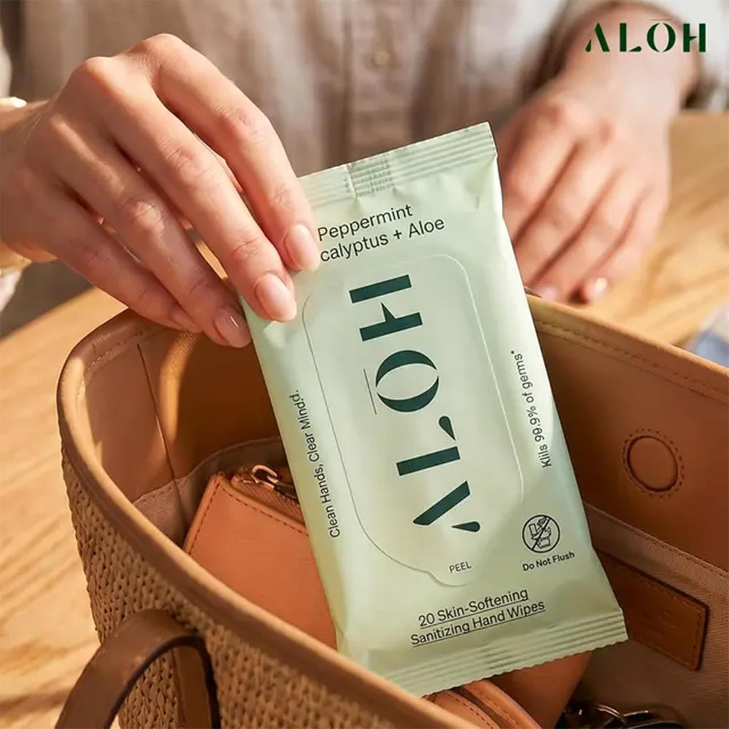 ALŌH Peppermint Eucalyptus + Aloe Hand Sanitizer Wipes, Travel Size | Clean Hands, Clear Mind, On The Go for Kids and