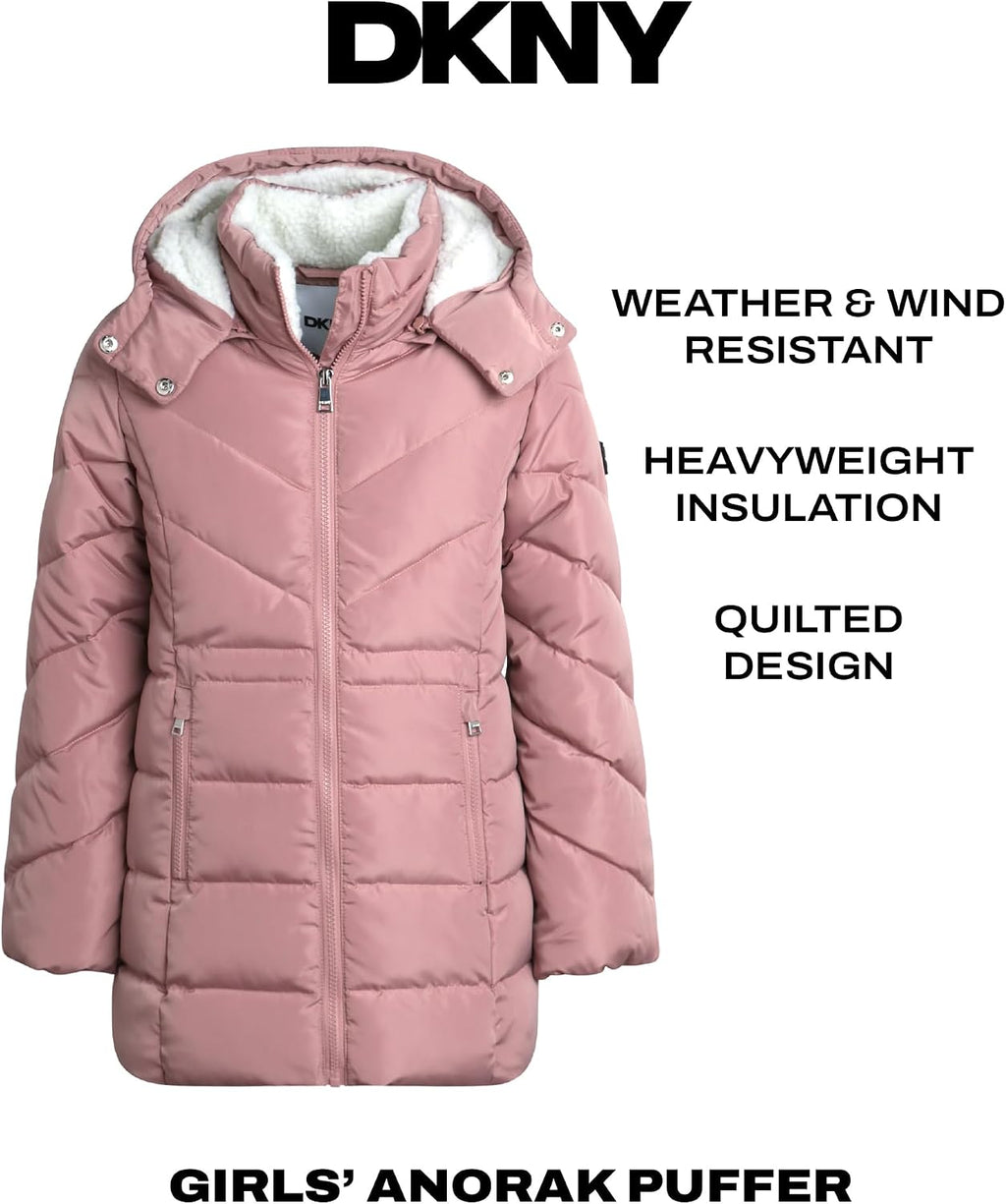 DKNY Girls Winter Jacket, Heavyweight Long Anorak Puffer,Sherpa Lined Coat | Insulated Plush Lined Warmth, Full