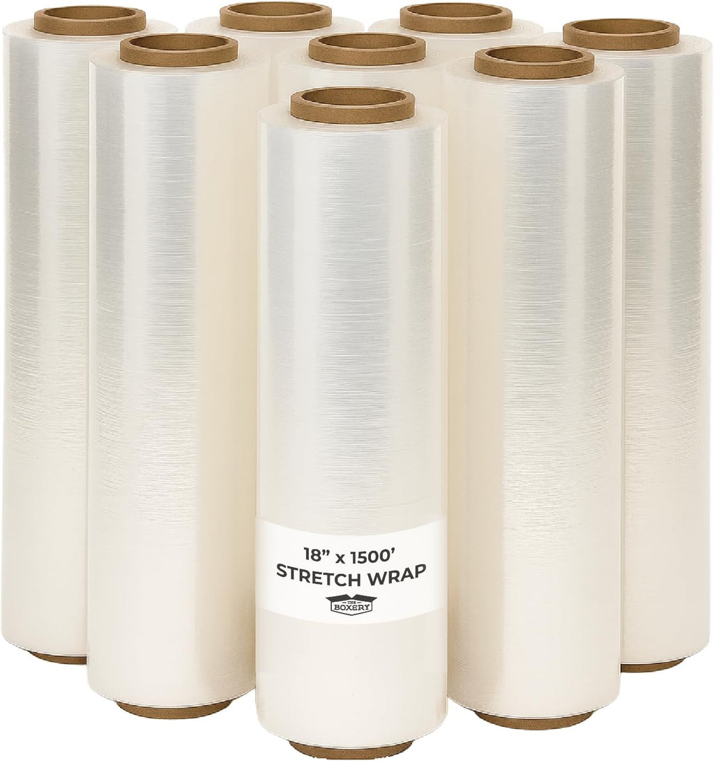 18" x 1500' Stretch Wrap – 90 Gauge Clear Blown Film – 8 Rolls (12,000ft Total) – Extra Heavy-Duty Pallet Wrap for