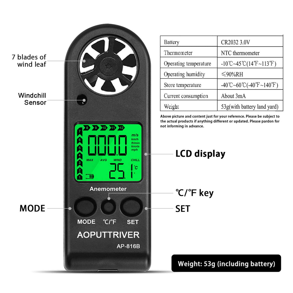 Anemometer Handheld, Air Flow Velocity Meter up to 67mph, Ultra-Light 53g