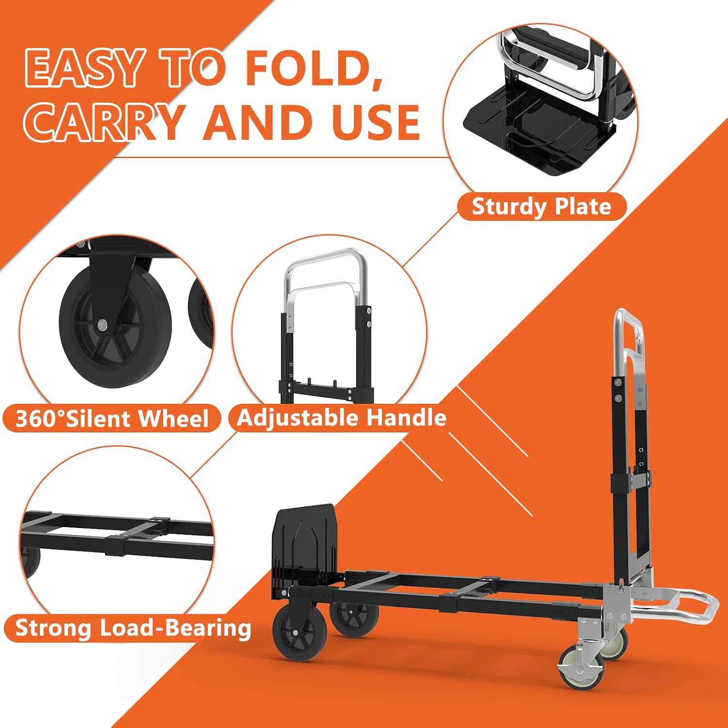 3-in-1 Folding Hand Truck, 500 lb Heavy Duty Steel Dolly | Convertible Hand Truck Dolly with Telescoping Handle