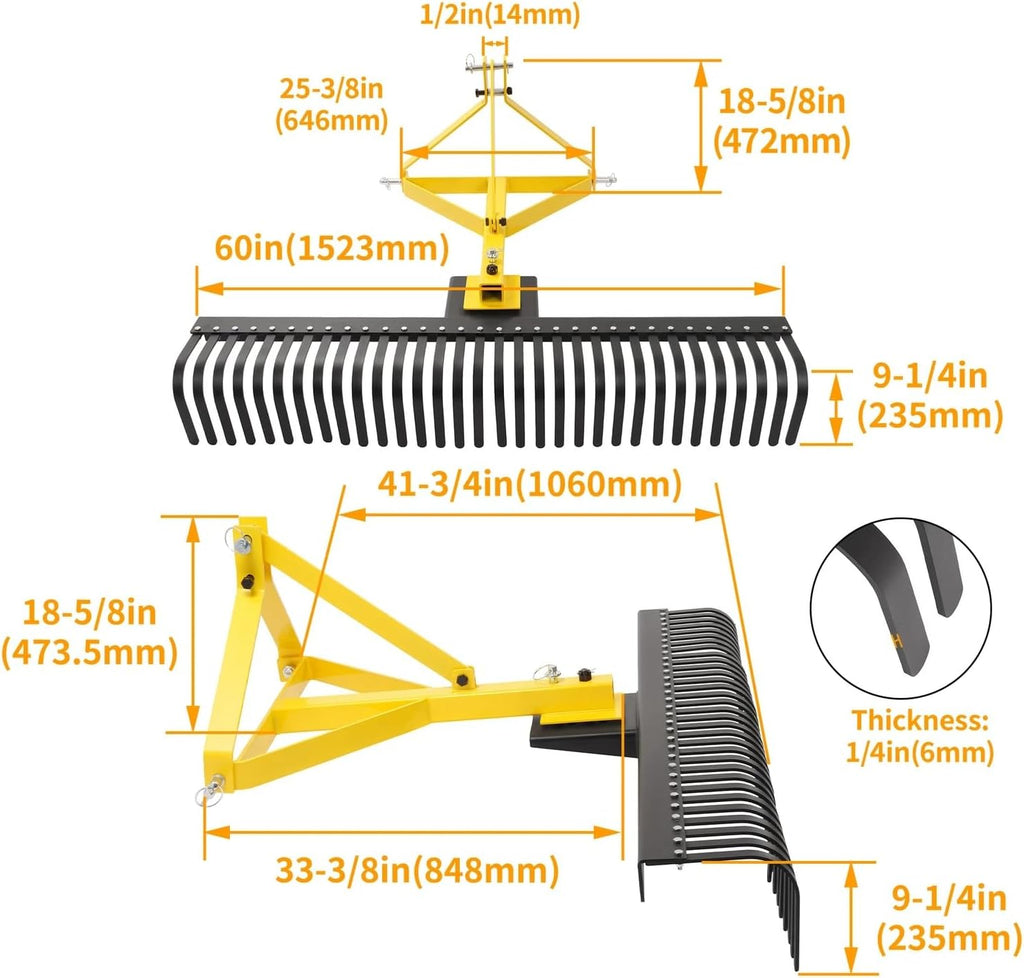 3 Point 60 Inch Landscape Rock Rake Tractor Attachment for Soil Gravel Lawn Leveling Debris Cleanup Heavy Duty Alloy