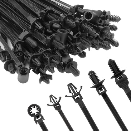 110 PCS Automotive Installation Black Push Mount Cable Zip Ties Assorted Sizes, Heavy Duty Self-Locking UV Resistant