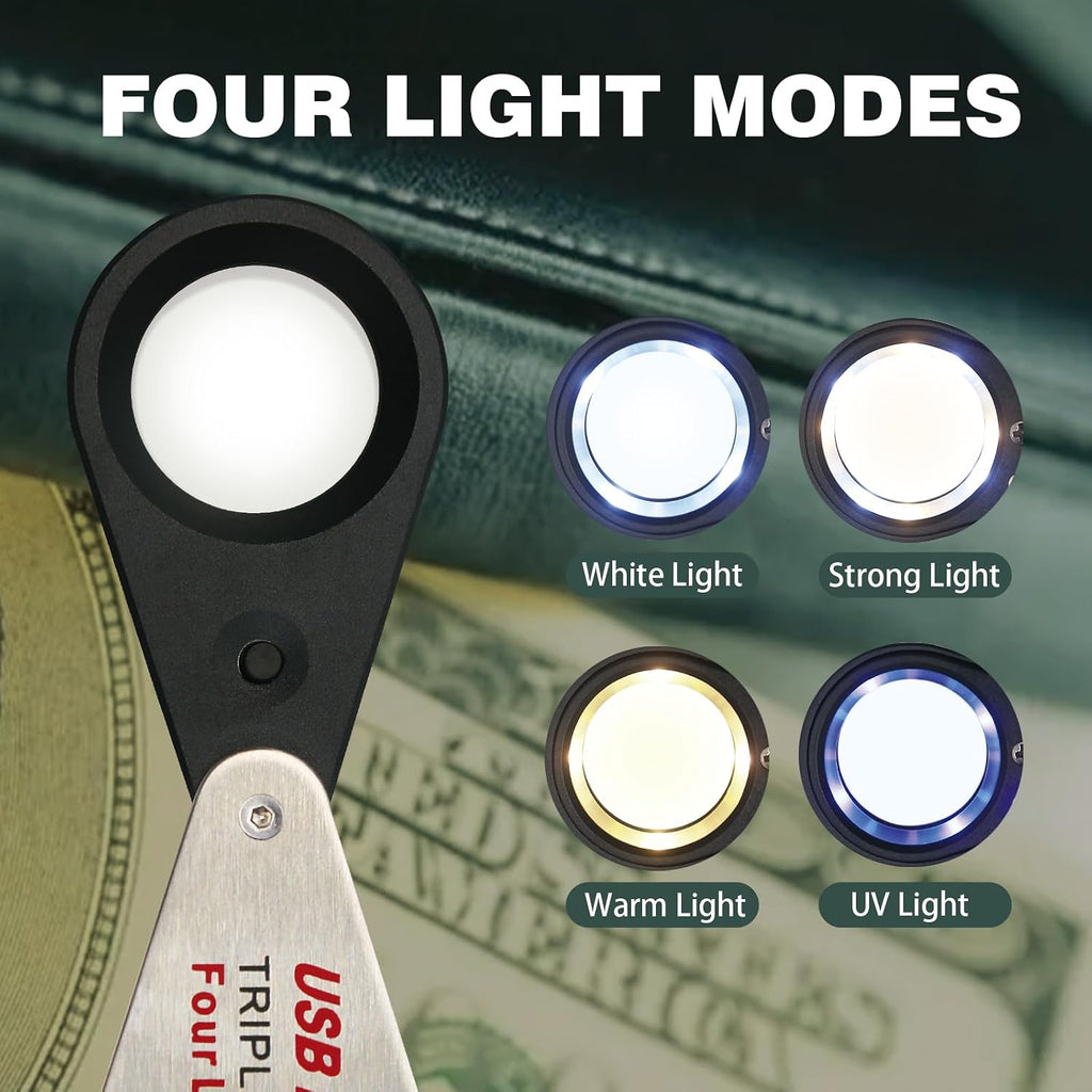 10X Rechargeable Jewelers Loupe with UV & LED Lights, Four Light Modes, Illuminated 22mm Eye Loop Magnifier Pocket