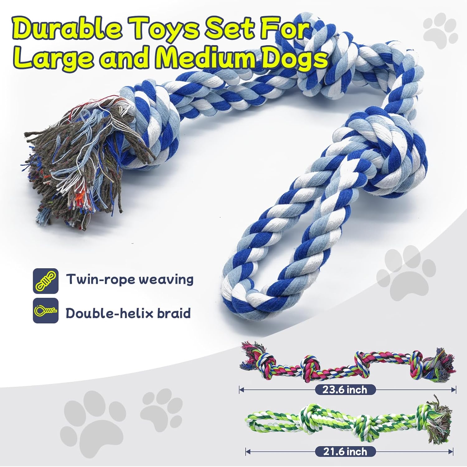 [4 Pack] Dog Rope Toys for Aggressive Chewers, Nearly Indestructible Tug of War Toys for Large & Medium Dogs, 100%