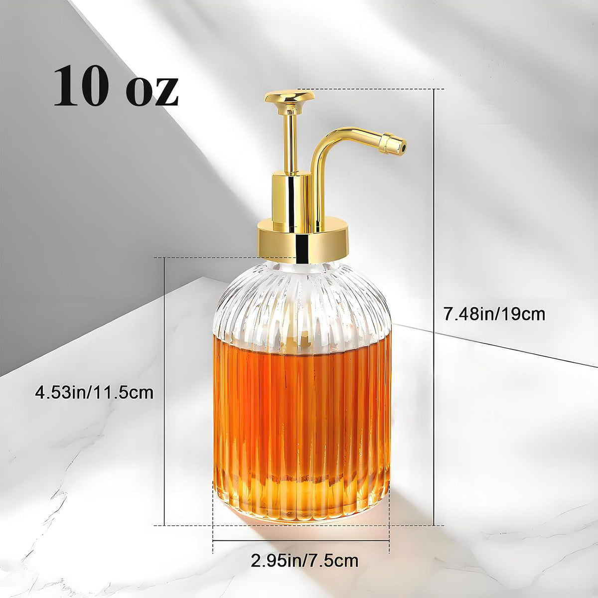 Glass Coffee Syrup Dispenser 10oz, Syrup Bottles with Ribbed Design, Gold Syrup Pump, Coffee Bar Accessories, Honey