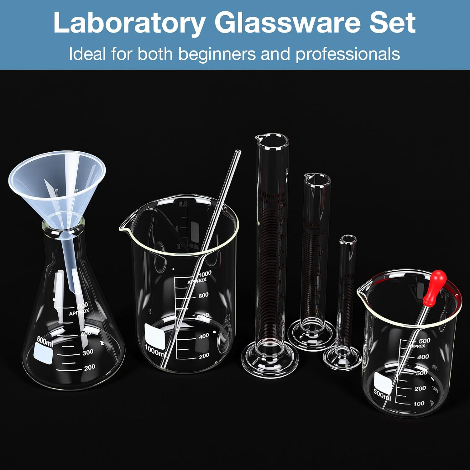 9 Pcs Lab Glass Beaker Set Includes Glass Graduated Cylinder 500ml 1000ml Erlenmeyer Flask 500ml Graduated Cylinder