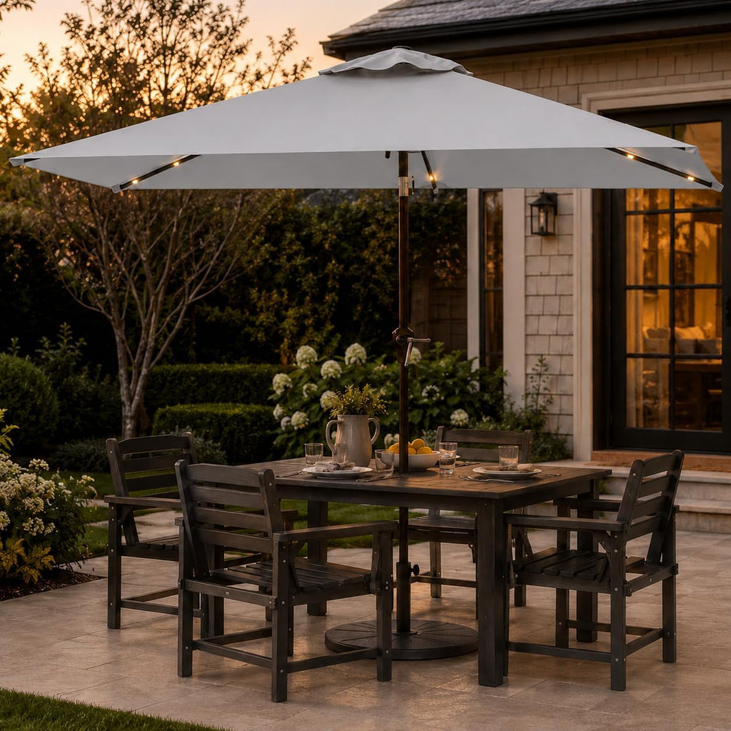 6.5 x 10ft Rectangular Patio Umbrella with Solar Lights, 16 LED Lighted Market Umbrella with Push-Button Tilt and