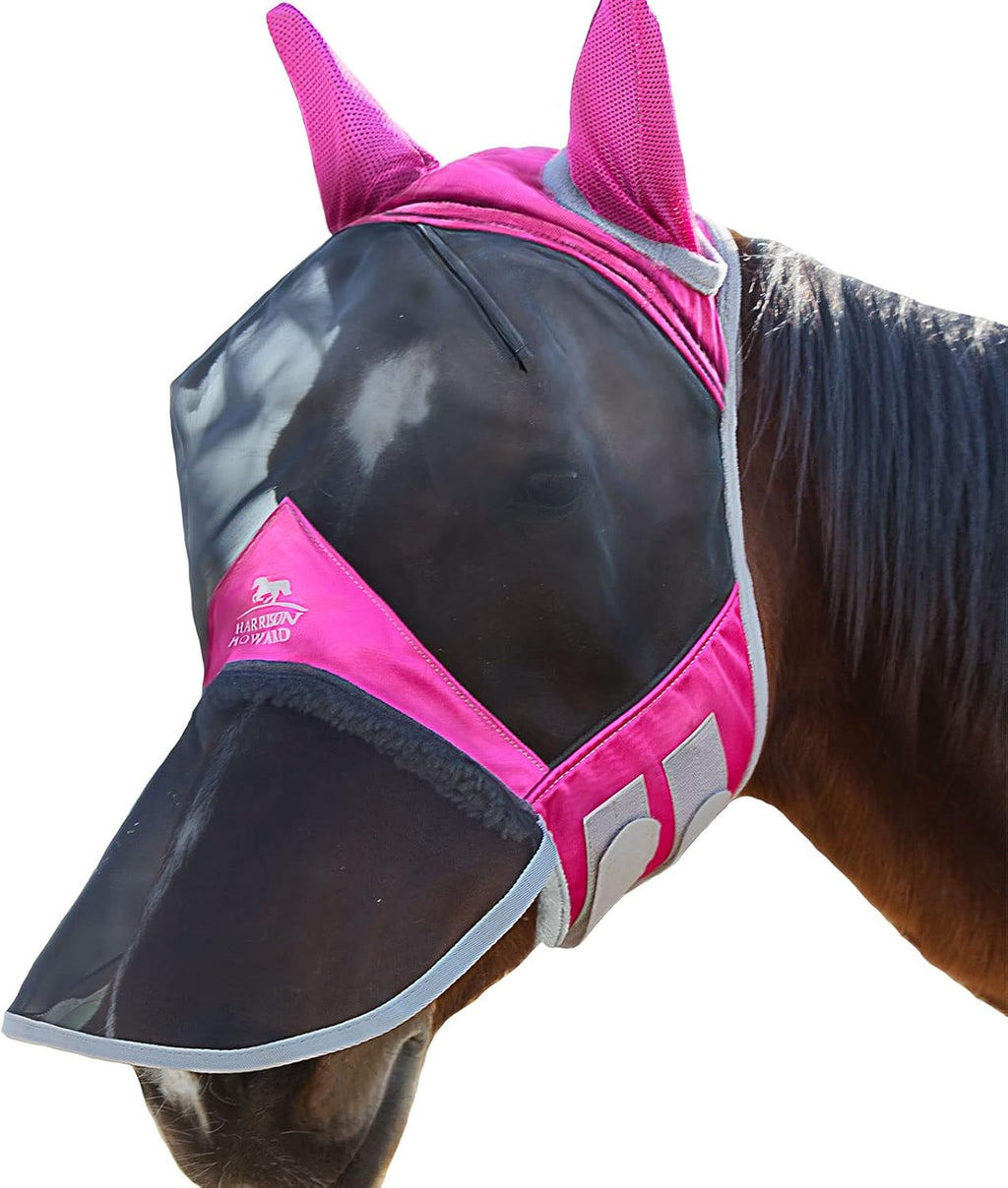 CareMaster Pro Luminous Horse Fly Mask Large Eye Space Long Nose with Ears UV Protection for Horse Flamingo (M; Cob)