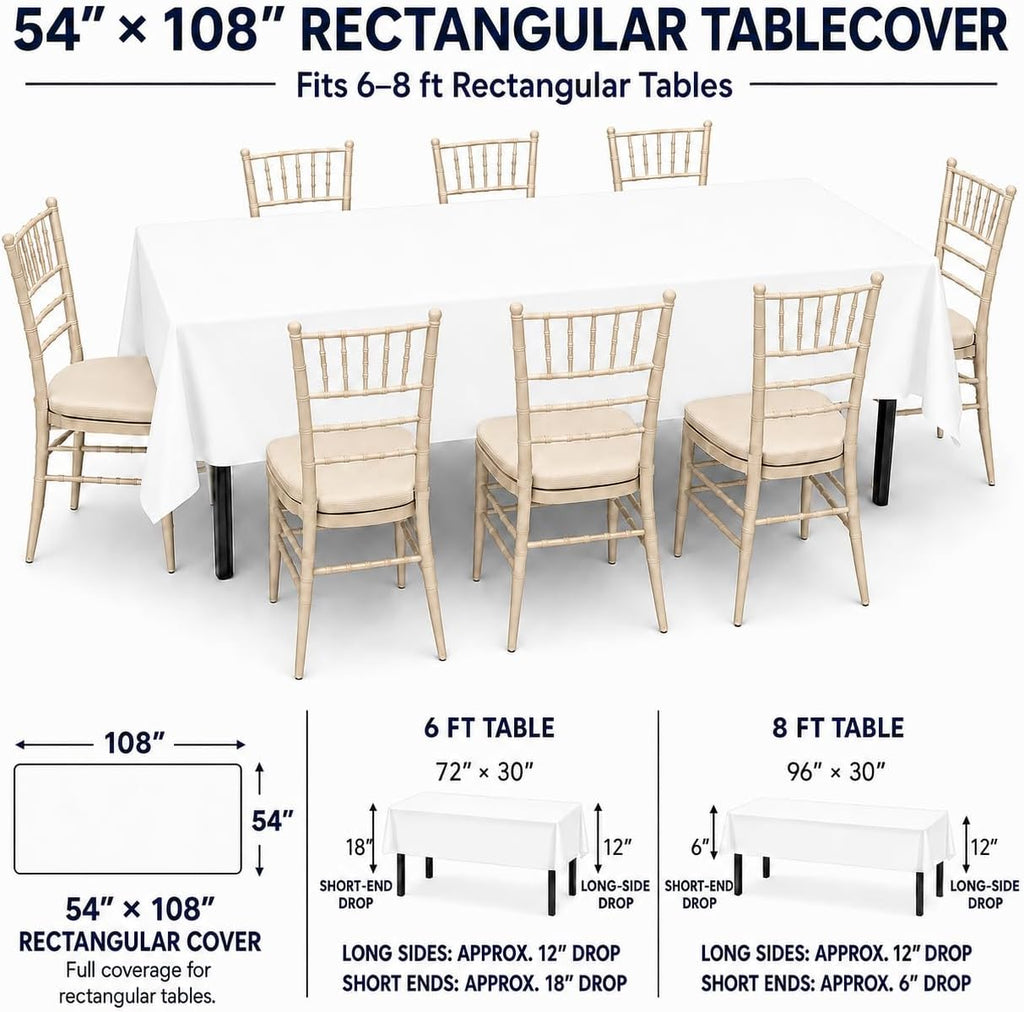 White Disposable Plastic Tablecloth for Rectangle Tables (12 Pack) Table Cloths for Parties, Events & Weddings