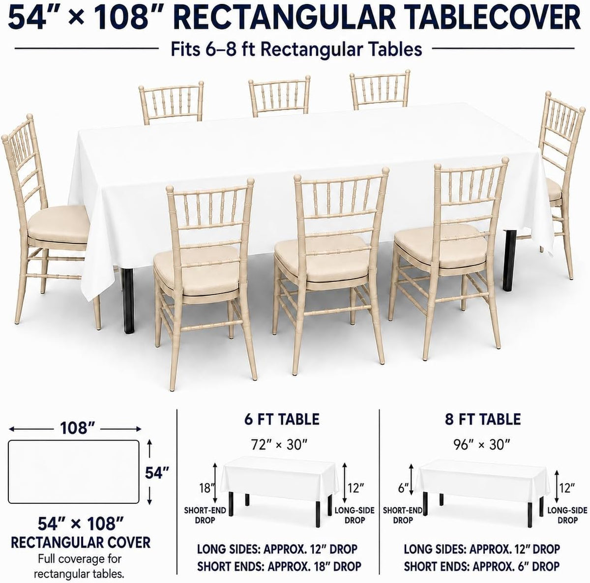 White Disposable Plastic Tablecloth for Rectangle Tables (12 Pack) Table Cloths for Parties, Events & Weddings
