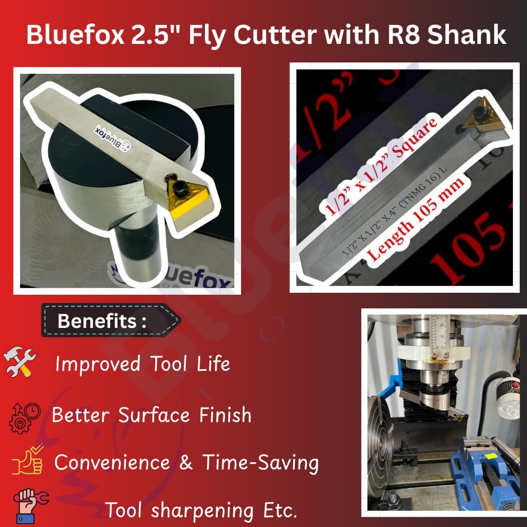 Bluefox 2.5 Fly Cutter R8 Shank for Bridgeport Milling Machine Includes 1/2"x 1/2"x 4" Indexable Tool Bit 7/16 UNF Drawbar High-Precision Machining Tool for Smooth Surface Finishing & Material Removal