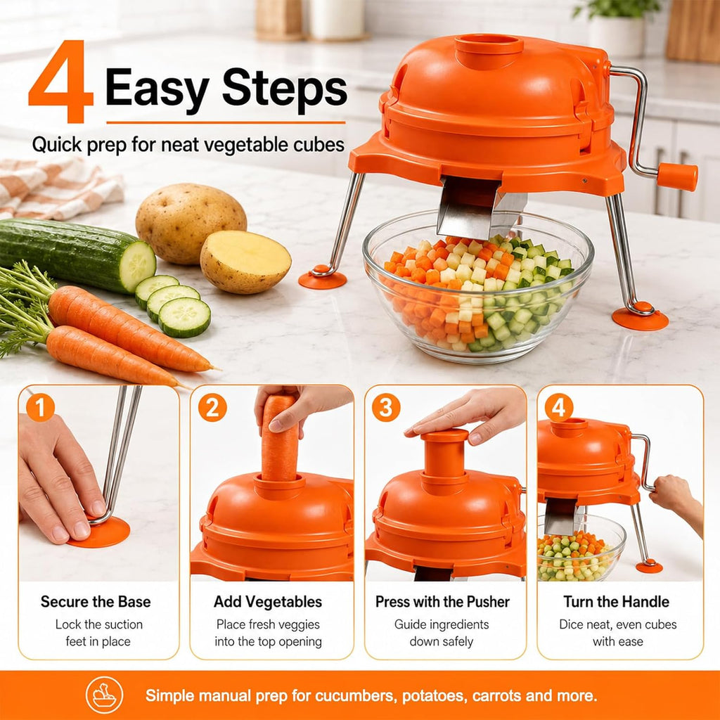 Orange Commercial Vegetable Dicer, Heavy Duty Manual Tabletop Cuber - 1/4" x 1/4" Food Chopper for Salsa