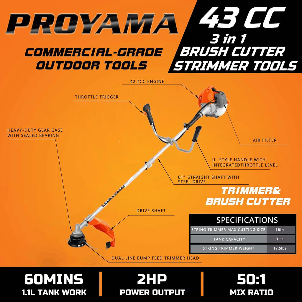 42.7cc 3 in 1 Gas Powered Weed Eater Wacker Brush Cutter Trimmer | 2-Cycle Easy Start String Trimmer Machine, 18in