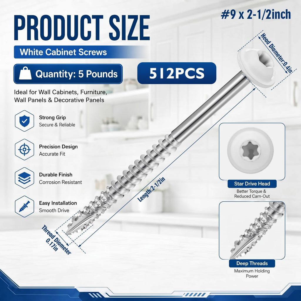 5 Pound White Cabinet Screws Bulk #9 X2-1/2'' Approx. 512 Pcs