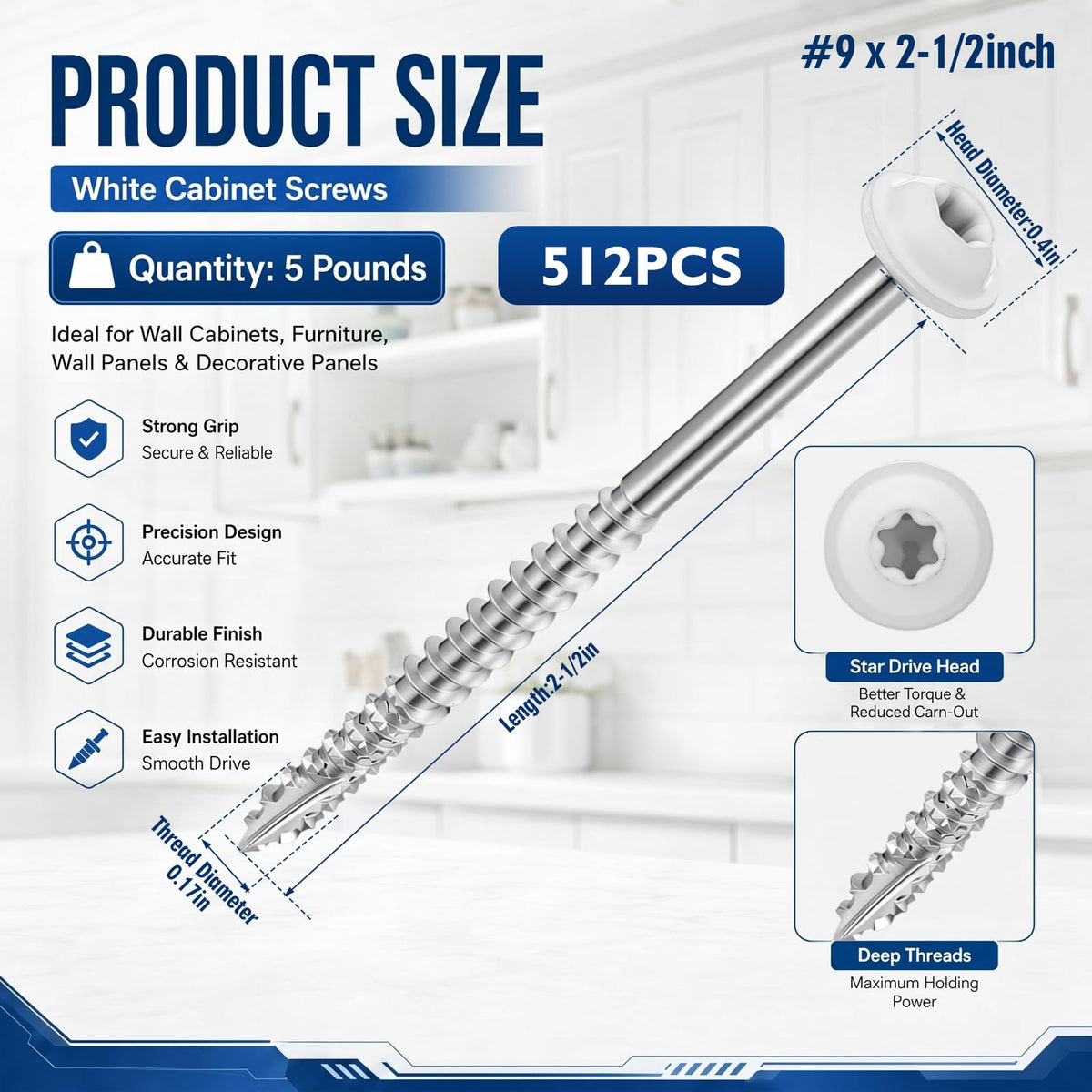 5 Pound White Cabinet Screws Bulk #9 X2-1/2'' Approx. 512 Pcs