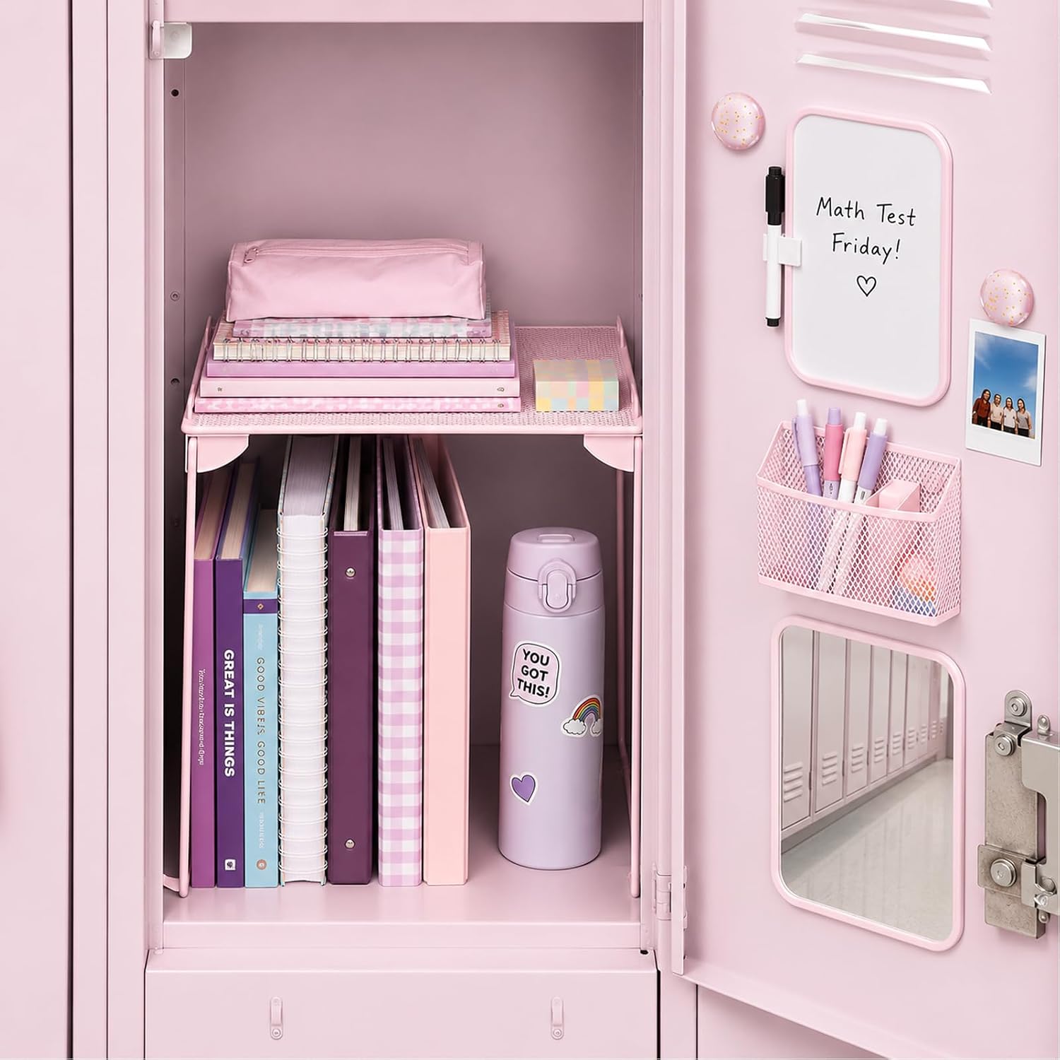 Pink Locker Accessories with Locker Shelf, Magnetic Mirror, Magnetic Pen Holder, Magnetic Small Whiteboard, Back to