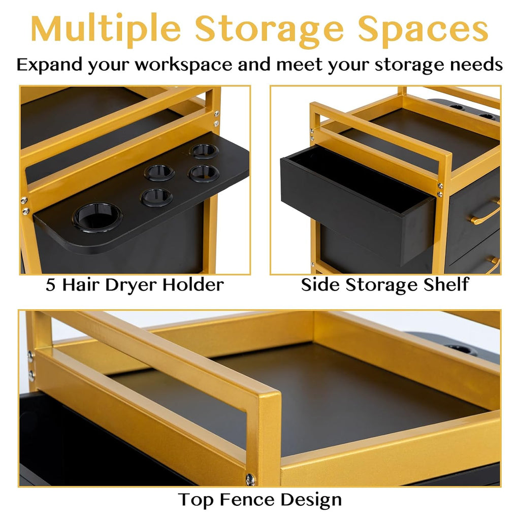 Beauty Salon Trolley Cart w/4 Drawer, 5 Tool Holders, Black & Gold | Lockable Salon Cabinet with 360° Wheels, Mobile