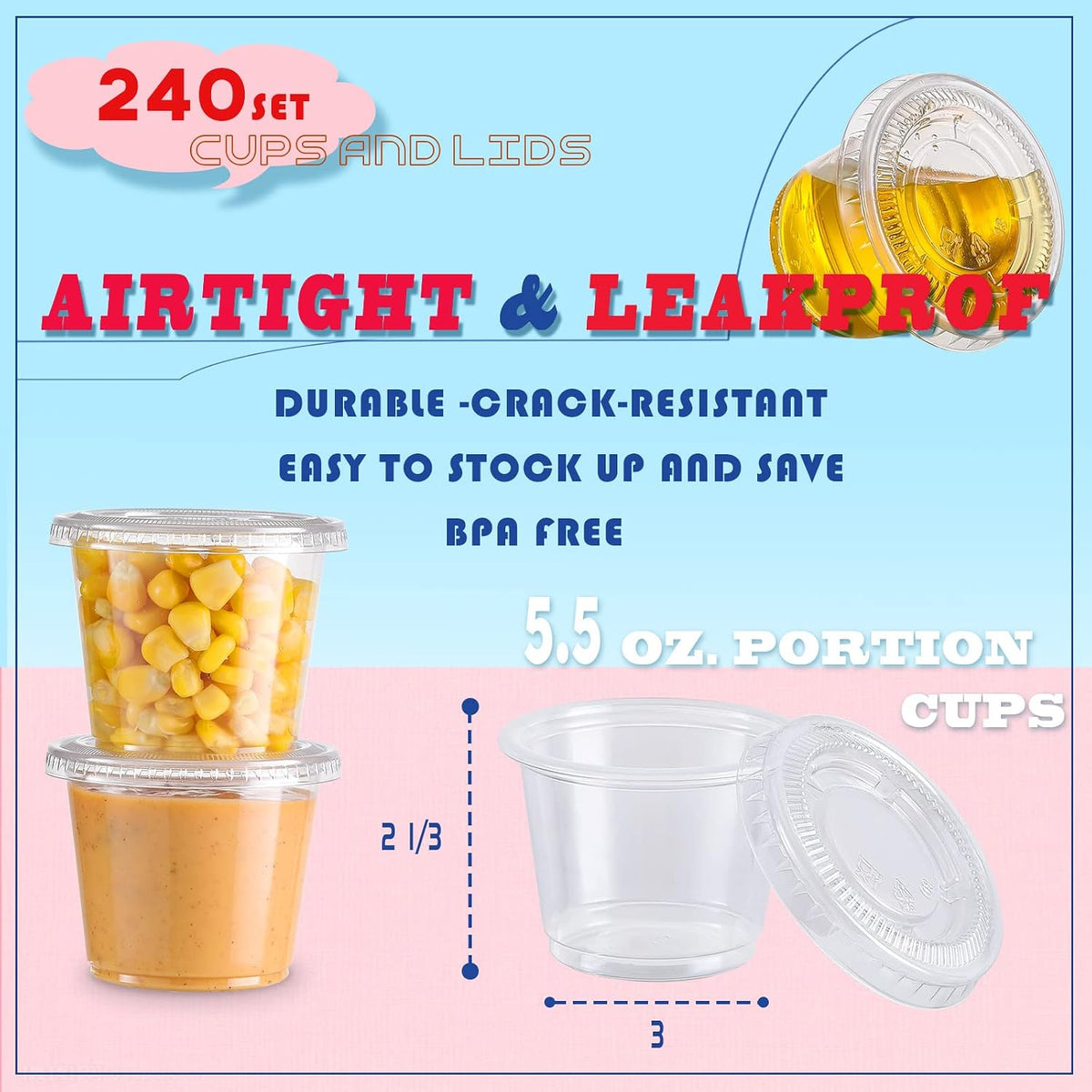 Portion Cups With Lids, 240 Sets - 5.5 oz Airtight, Stackable Souffle Cups, Salad Dressing & Sauce Containers for