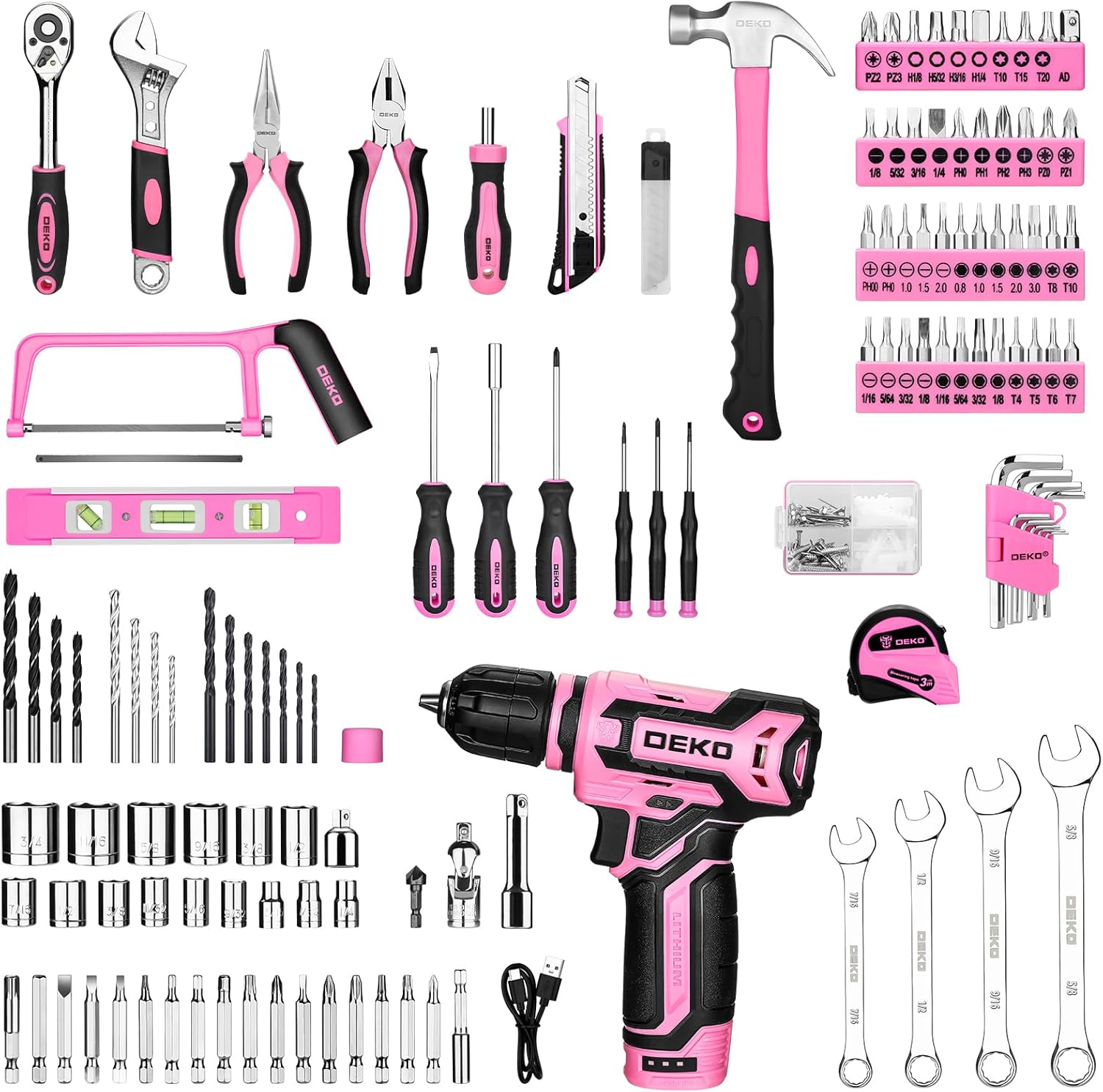 Pink Tool Kit Box Drill Set：DEKOPRO Home Mechanic Toolbox with 12V Power Cordless Drill Hand Repair Tools Sets Combo