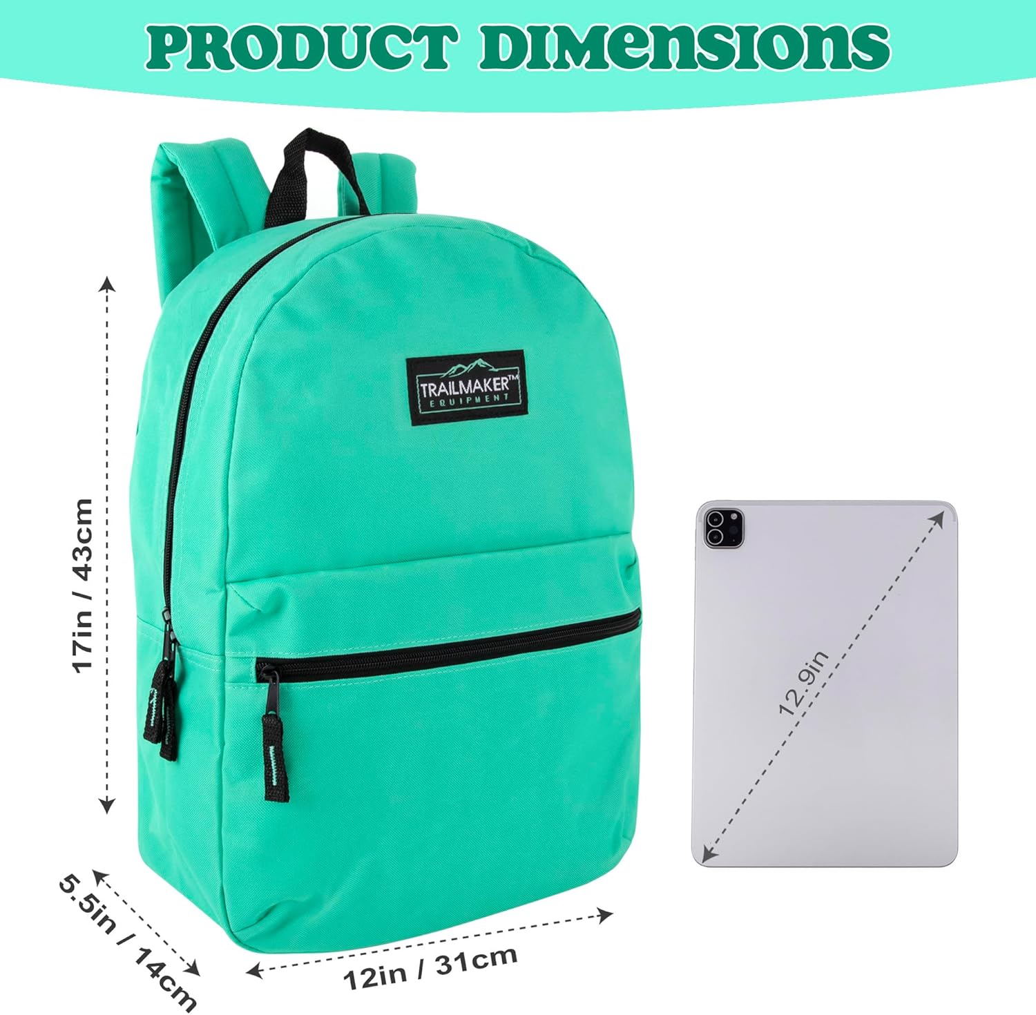 Classic 17 inch Backpacks with Adjustable Padded Straps | School Backpacks for Girls, Boys (Aqua)