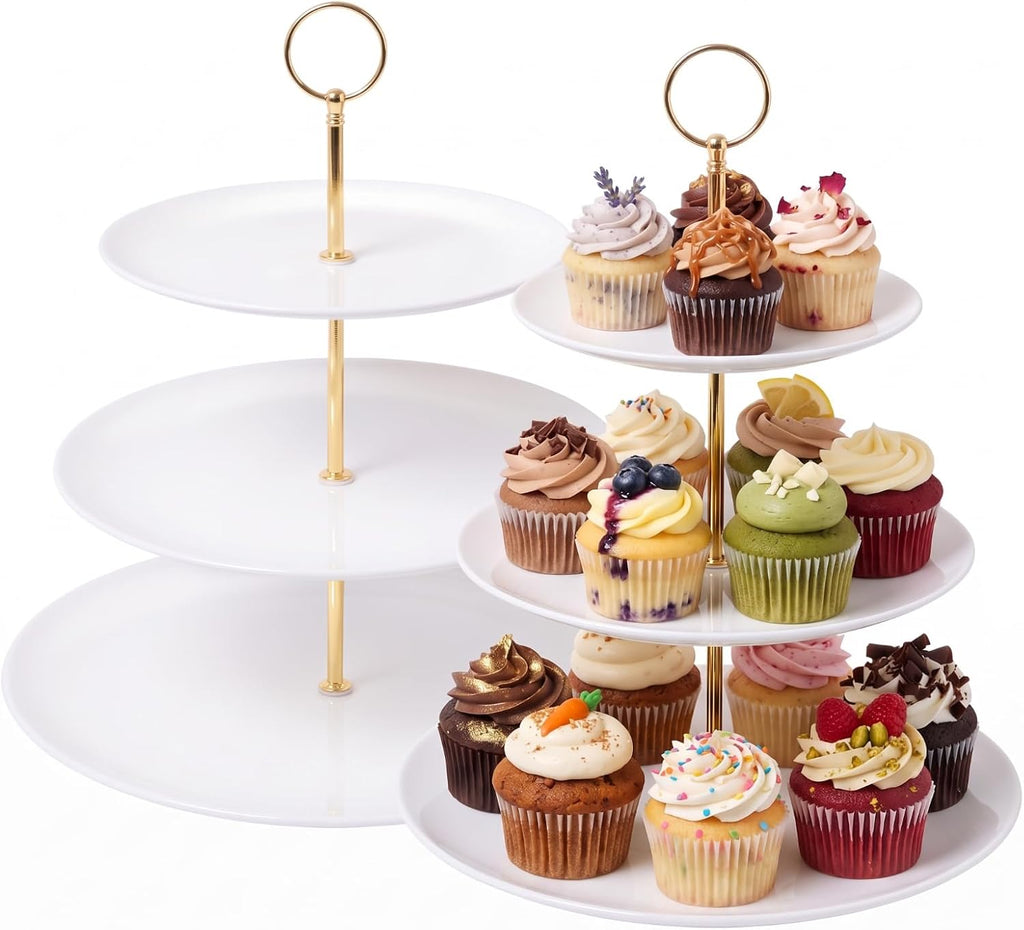 2 Pack 3 Tier Cupcake Stand, White Melamine Tiered Serving Tray