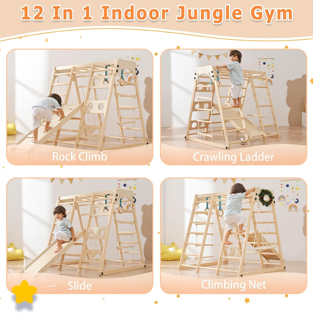 12-in-1 Toddler Playground - Foldable Kids Climbing Set with Slide, Rock/Net, Monkey Bars, Drawing Board, Swing and