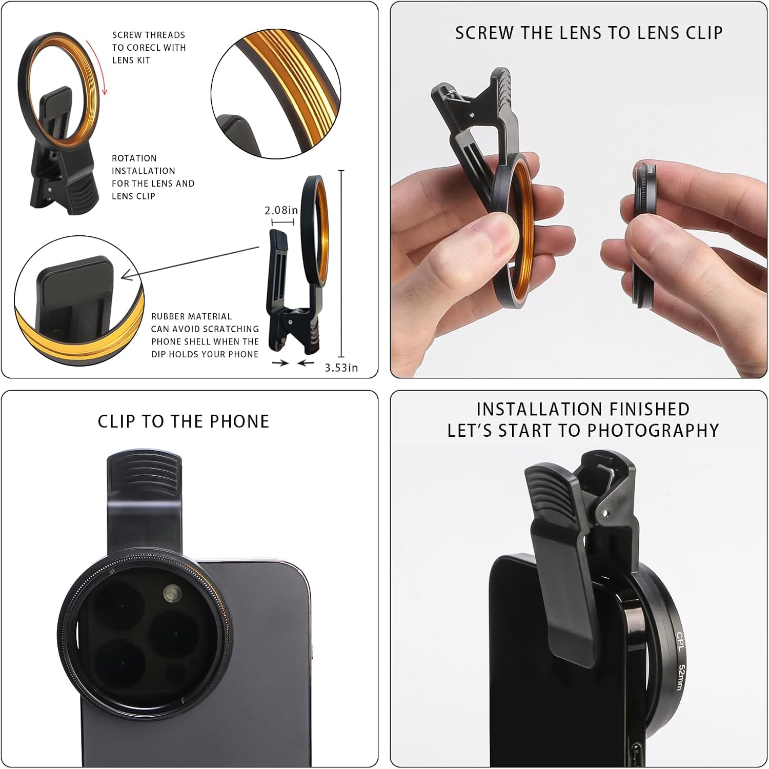 52MM Circular Polarizer Filter, Ultra Slim Multi-Coated CPL Lens Filter, Clip-on Phone Camera Filter Kit, Compatible