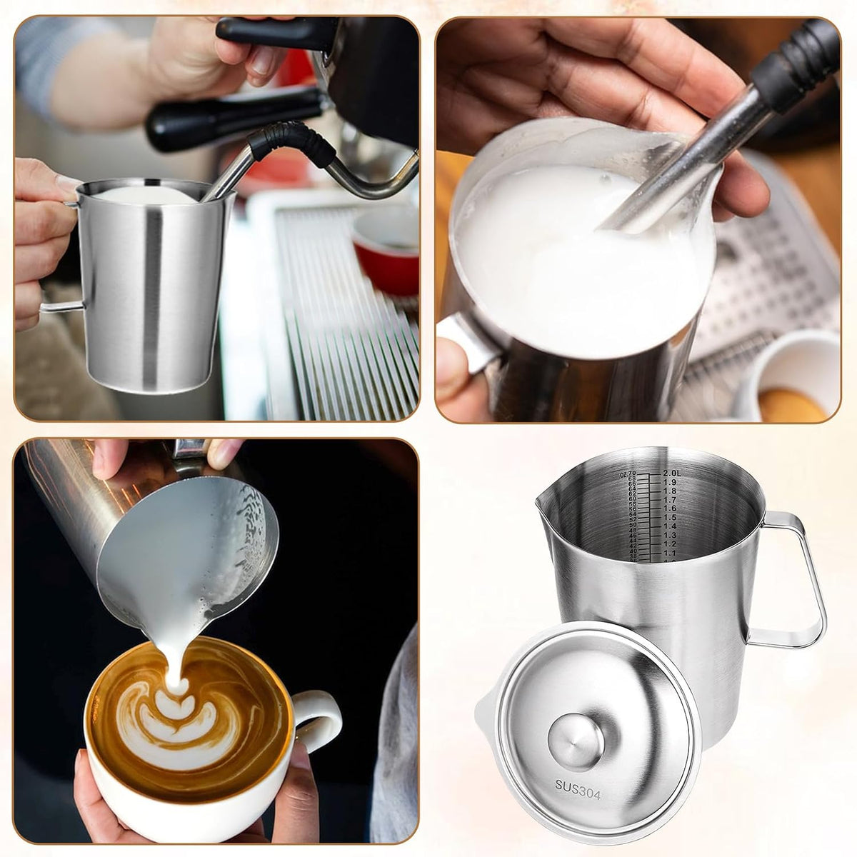 Stainless Steel Metal Pitcher with Lid 2 L 70 oz Measuring Cup with Marking Metal Water Container with Handle Milk