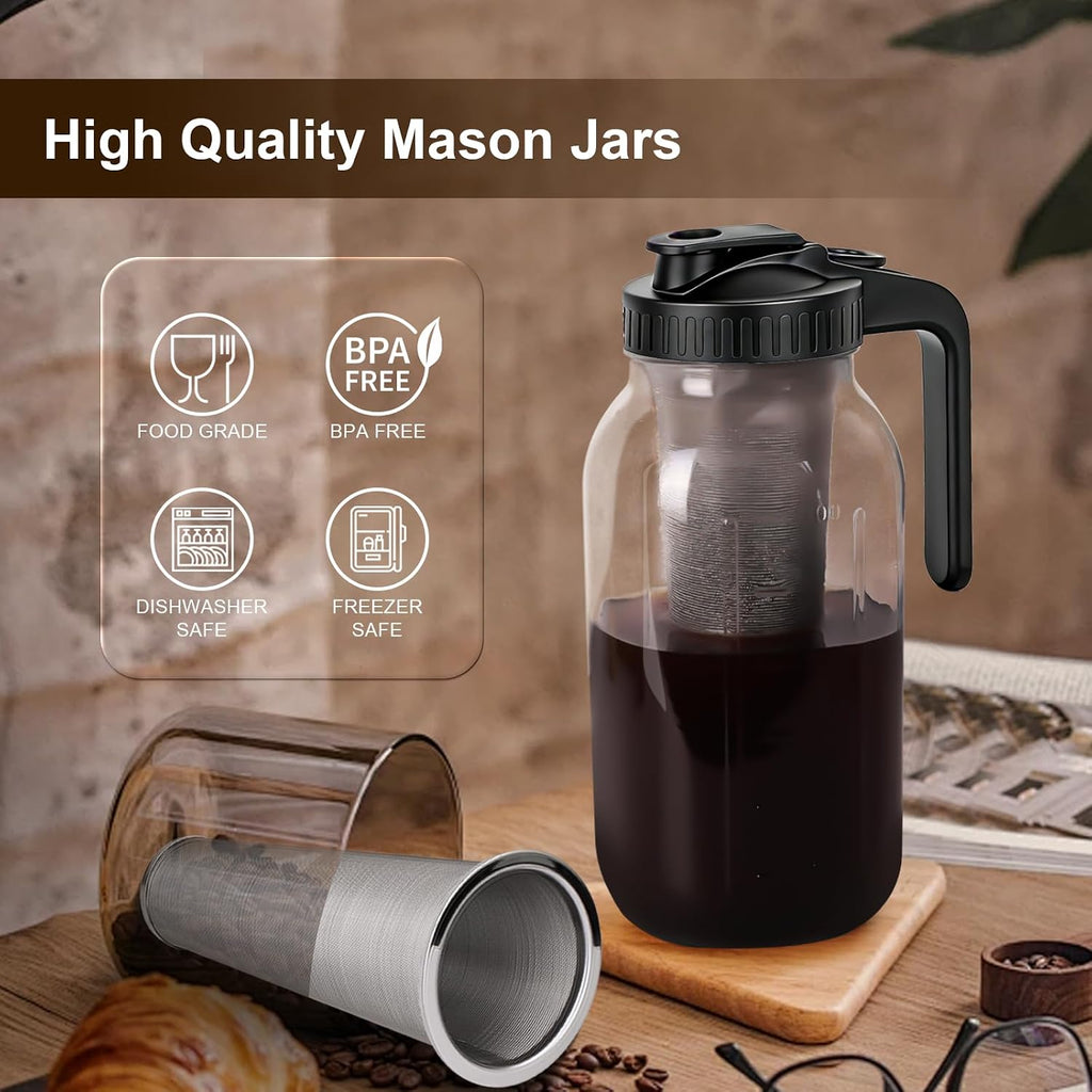 Cold Brew Coffee Maker - 64 Oz Heavy-Duty Glass Mason Jar Pitcher with Stainless Steel Filter, Leak-Proof Lid