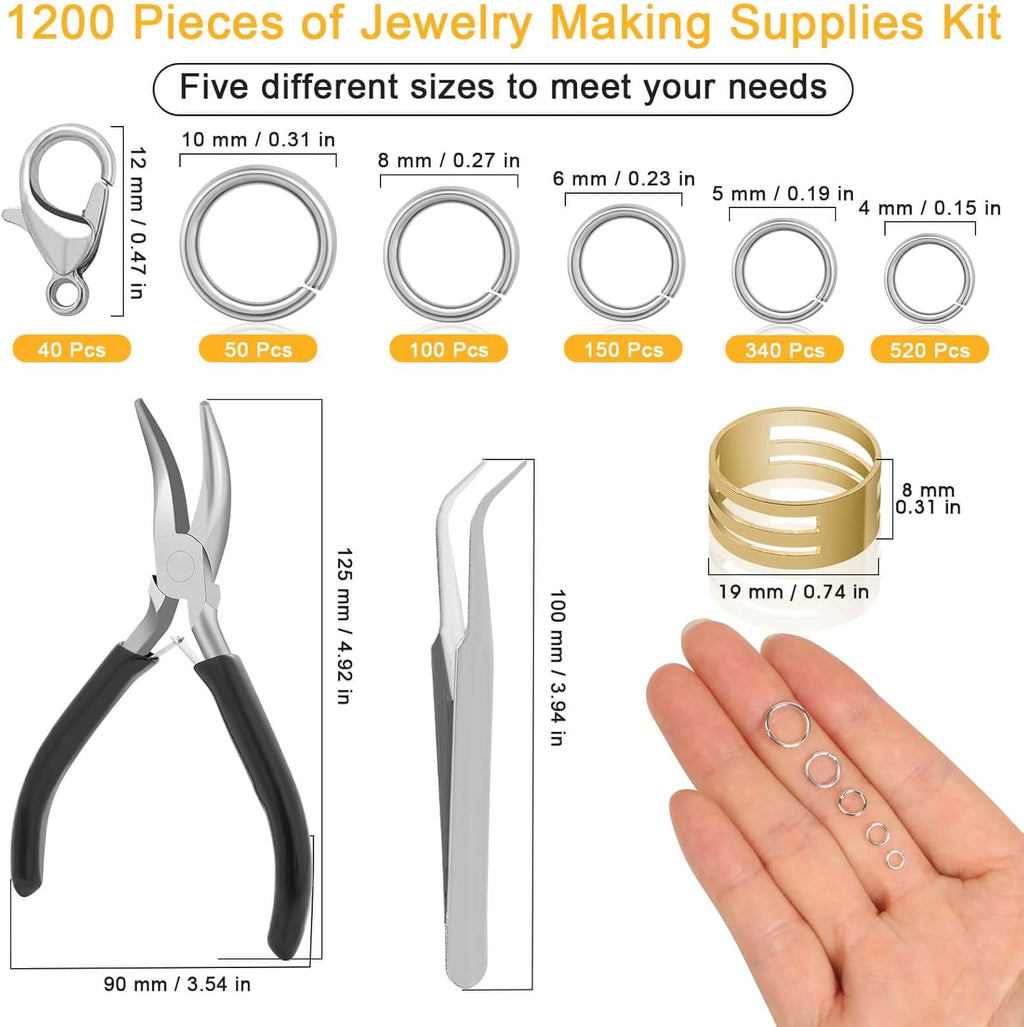 1200PCS Jump Rings for Jewelry Making Kit, Jump Rings and Necklace Clasps with Jump Ring Pliers Tools for Jewelry