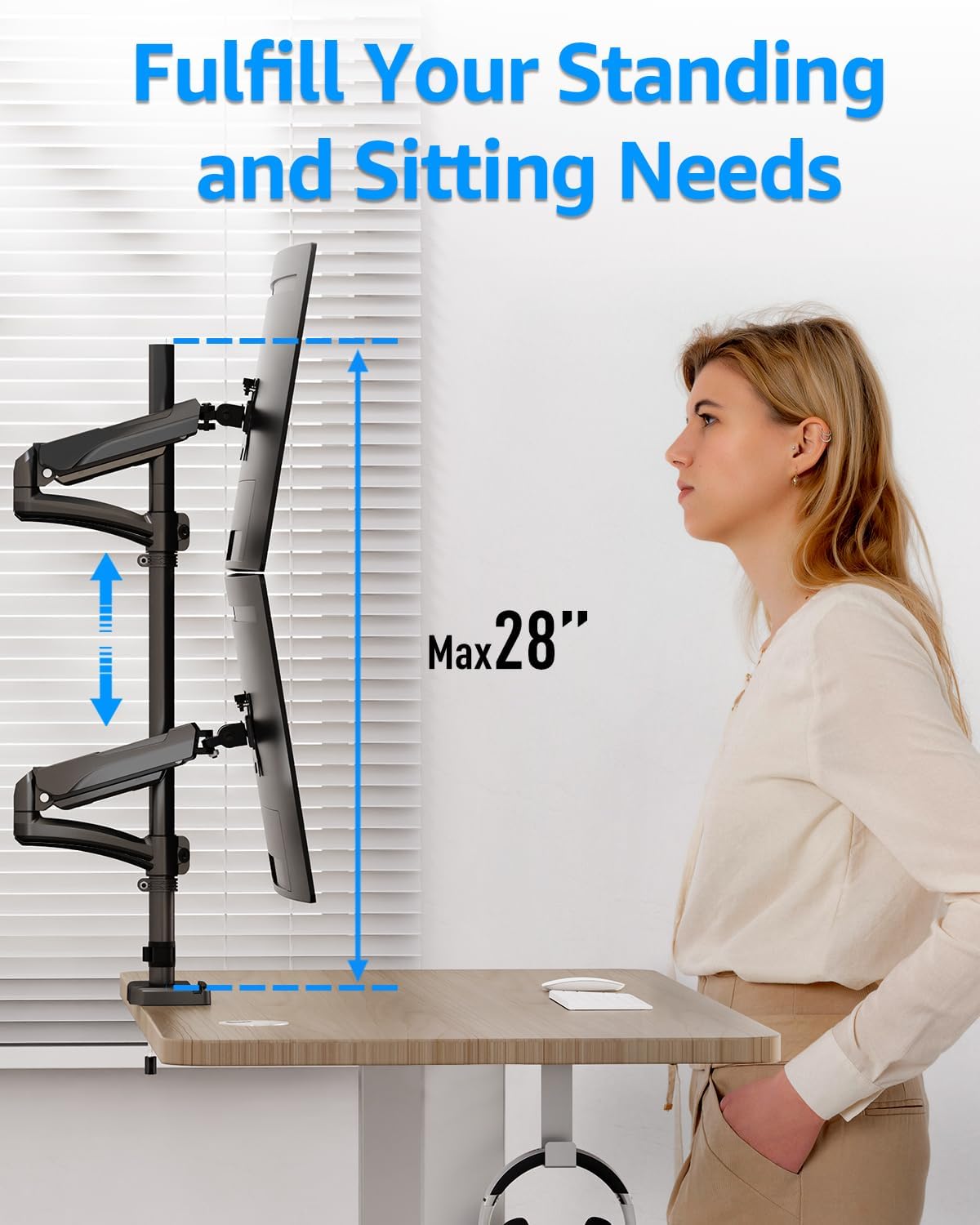 Vertical Dual Monitor Mount Holds 4.4-17.6lbs, up to 32 Inch Stacked Monitor Mount with Gas Spring Arm with