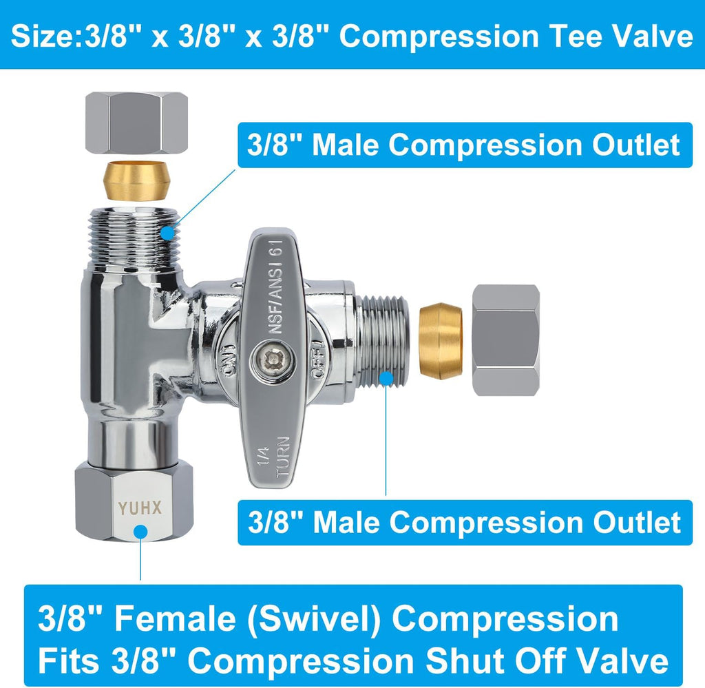 Brass Angle Stop Add-A-Tee Valve,3/8 x 3/8" x 3/8 Compression Water Splitter