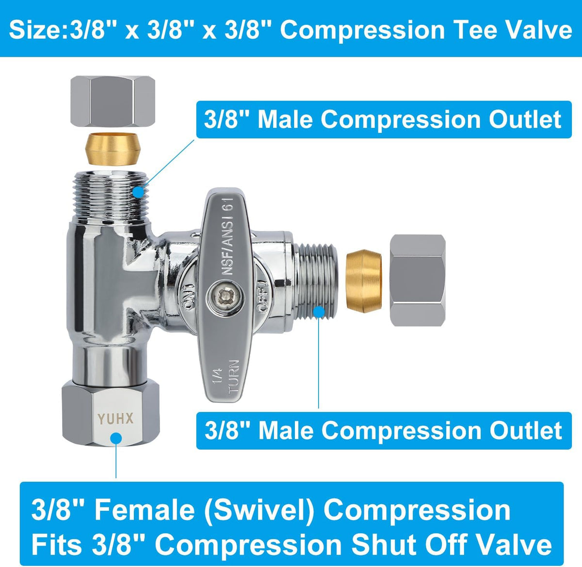 Brass Angle Stop Add-A-Tee Valve,3/8 x 3/8" x 3/8 Compression Water Splitter