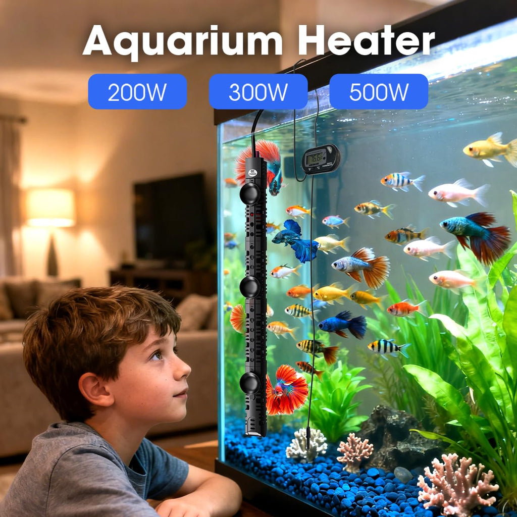 Submersible Aquarium Heater Auto Thermostat, 500W Fish Tank Heater with LCD Digital Aquarium Thermometer