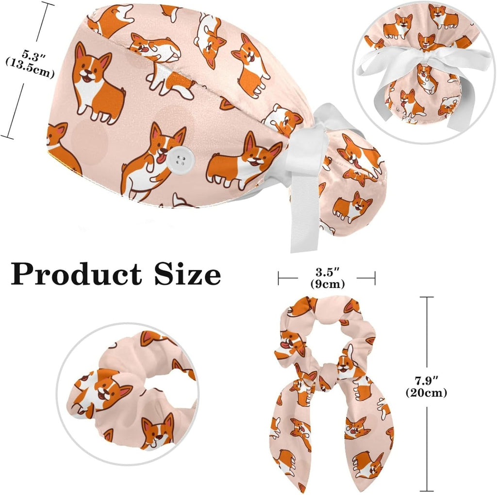 Corgis Dog Animal Women Surgical Cap with Buttons, Long Hair Scrub Hat with Bow Hair Scrunchy Ponytail Holder