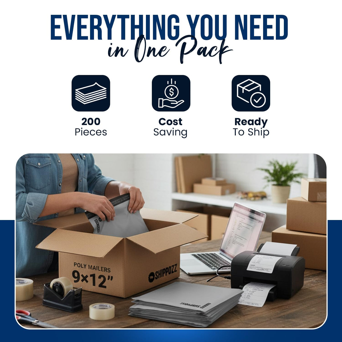 9x12 Poly Mailers 200 Pack, Durable Waterproof Polymailers for Shipping Clothes, Self Seal Mailing Bags for Small