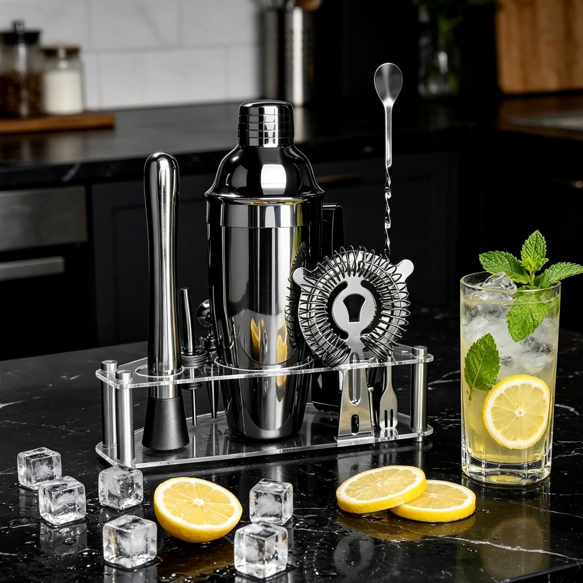 9-Piece Cocktail Shaker with Stand, 25oz Bartender Kit, Cocktail Shaker with Strainer Set, Bar Set Jigger for
