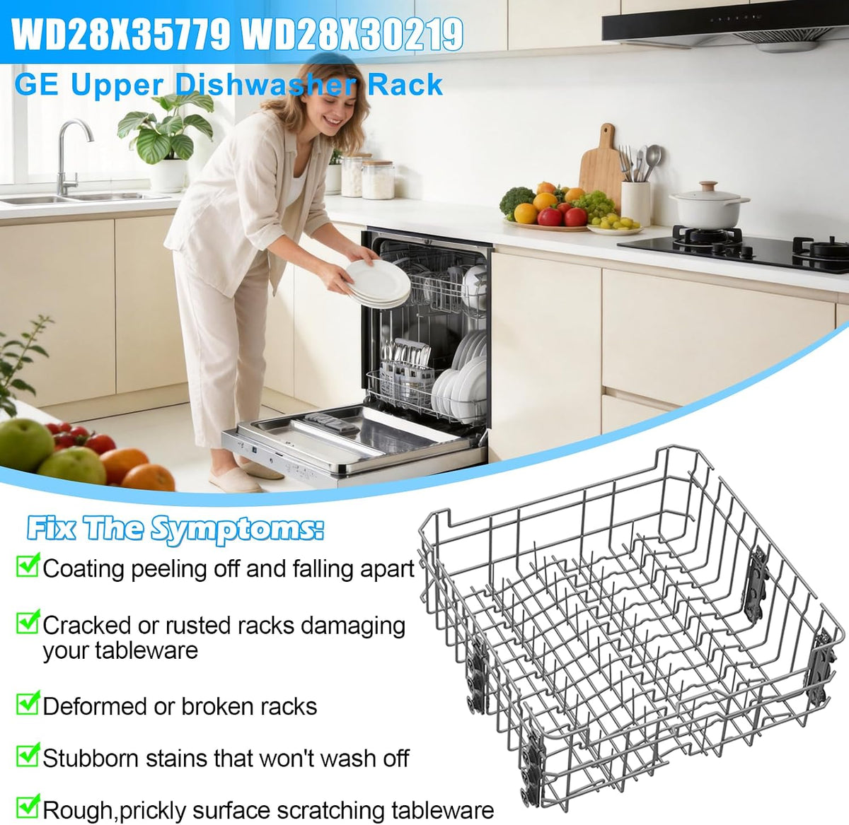 Updated WD28X35779 WD28X30219 Upper Rack for GEDishwasher Rack Replacement